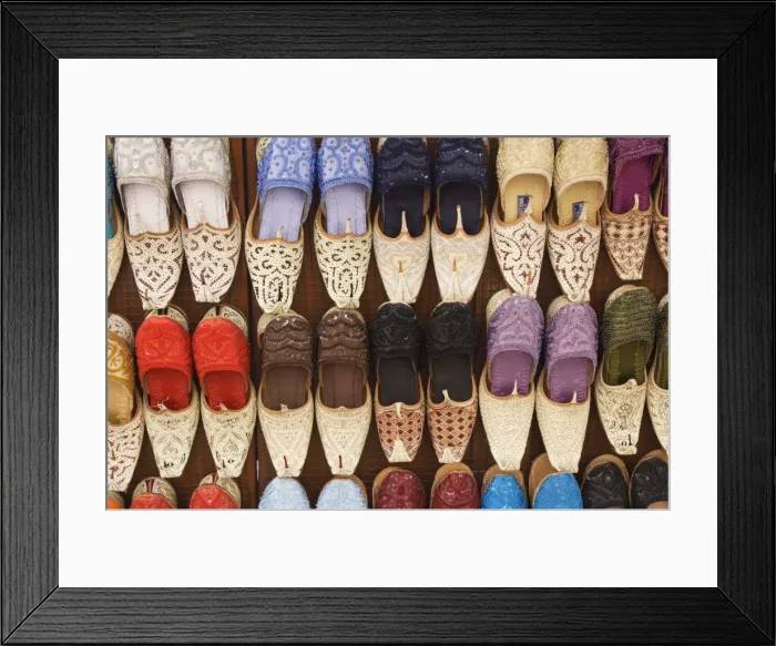 Framed Print : Curly toed slippers for sale in Bur Dubai Souk Framed Print : Curly toed slippers for sale in Bur Dubai Souk