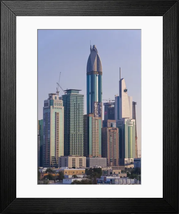Framed Print : Elevated view of the new Dubai skyline of modern architecture Framed Print : Elevated view of the new Dubai skyline of modern architecture
