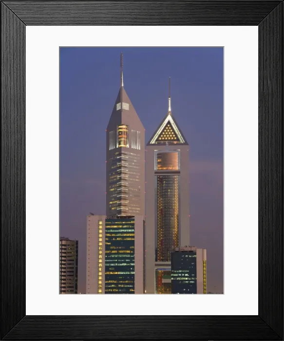 Framed Print : Emirates Towers on Sheikh Zayed Road illuminated at dusk Framed Print : Emirates Towers on Sheikh Zayed Road illuminated at dusk