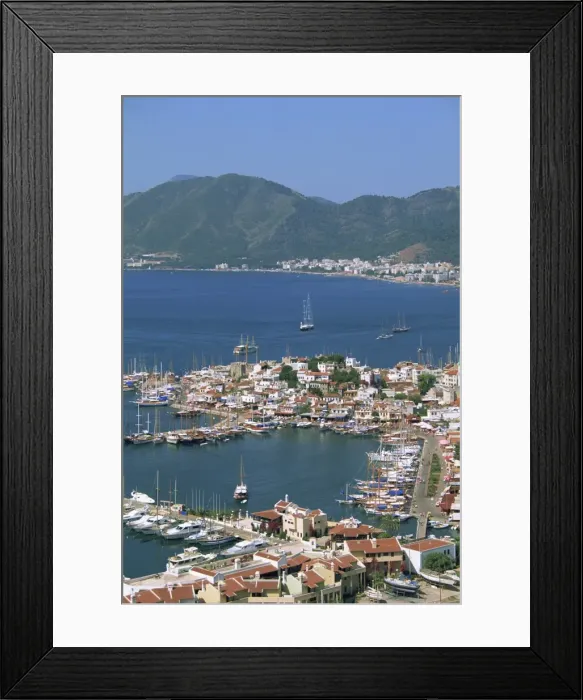 Framed Print : Low aerial view over the harbour and town of Marmaris Framed Print : Low aerial view over the harbour and town of Marmaris