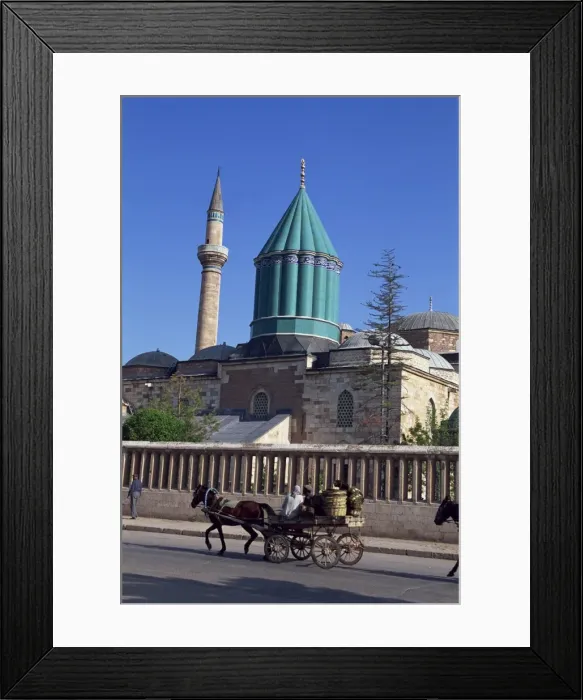 Framed Print : Horse and cart passes the Mevlana Tekke Museum with Framed Print : Horse and cart passes the Mevlana Tekke Museum with