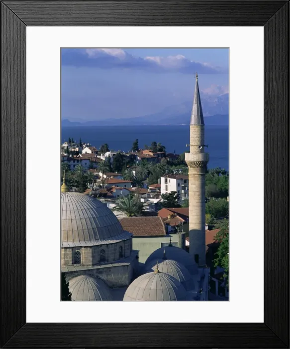 Framed Print : Elevated view of town with dome and minaret of mosque in foreground Framed Print : Elevated view of town with dome and minaret of mosque in foreground