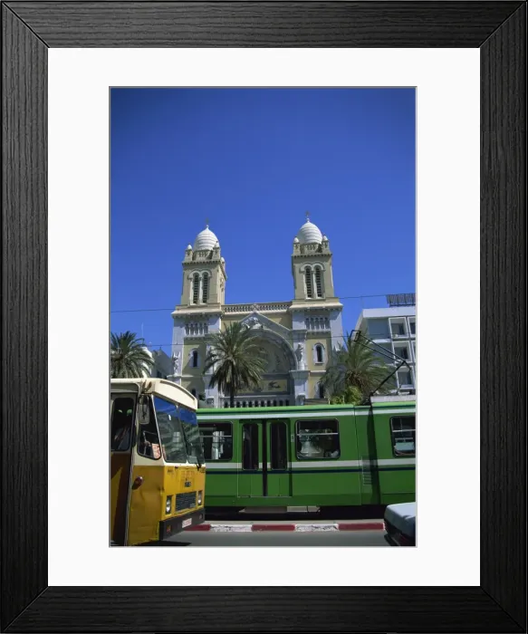 Framed Print : Cathedral with bus and tram in foreground Framed Print : Cathedral with bus and tram in foreground