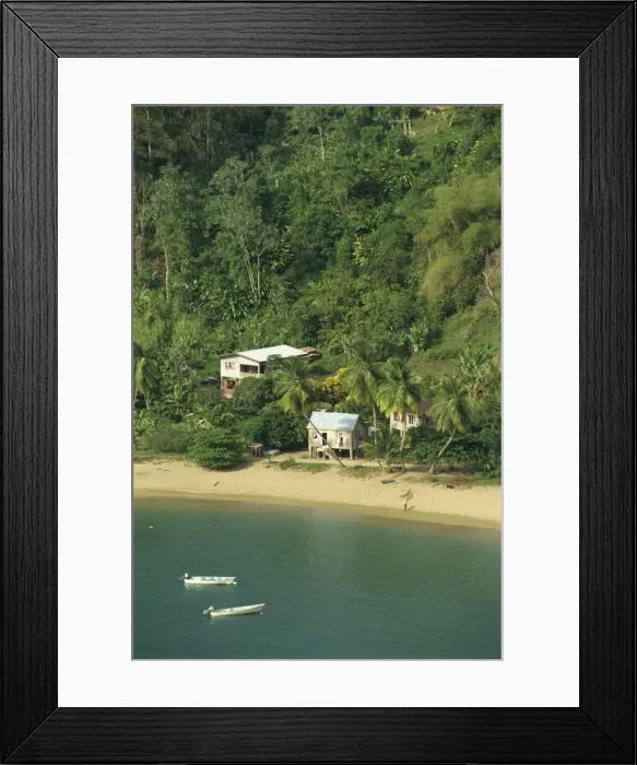 Framed Print : Aerial view over housing on beach in Parlatuvier Bay Framed Print : Aerial view over housing on beach in Parlatuvier Bay