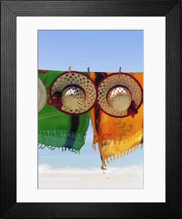 Framed Print : Hats and batiks hanging on a line Framed Print : Hats and batiks hanging on a line