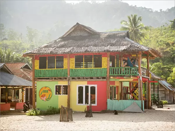 Rasta (Rastafarian) coloured beachfront accommodation at Sungai Pinang, near Padang in West Sumatra
