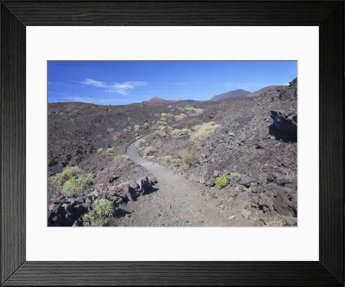 Framed Print : Ruta de los Volcanes hiking path, Teneguia Volcano left, San Antonio Volcano middle Framed Print : Ruta de los Volcanes hiking path, Teneguia Volcano left, San Antonio Volcano middle