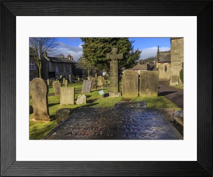 Framed Print : Saxon Cross and Plague victims table tomb (Catherine Mompesson), Eyam Church, Plague Village