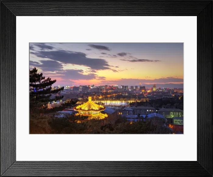 Framed Print : Illuminated pagoda and view towards the western part of Beijing city at nightfall Framed Print : Illuminated pagoda and view towards the western part of Beijing city at nightfall