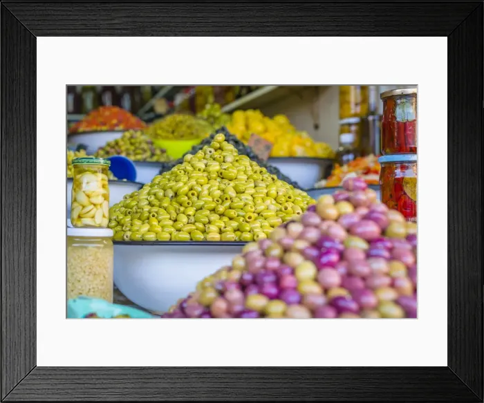 Framed Print : Olive stall in the Place Djemaa el Fna in the medina of Marrakech, Morocco, North Africa Framed Print : Olive stall in the Place Djemaa el Fna in the medina of Marrakech, Morocco, North Africa