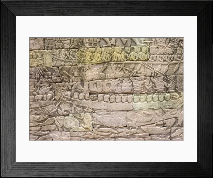 Framed Print : Bas-relief stone carvings depicting a sea battle, Banteay Chhmar, Ankorian-era temple ruins Framed Print : Bas-relief stone carvings depicting a sea battle, Banteay Chhmar, Ankorian-era temple ruins