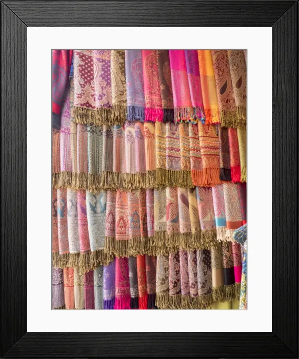 Framed Print : Fabric for sale, Jemaa el-Fna. Marrakech, Morocco, North Africa, Africa