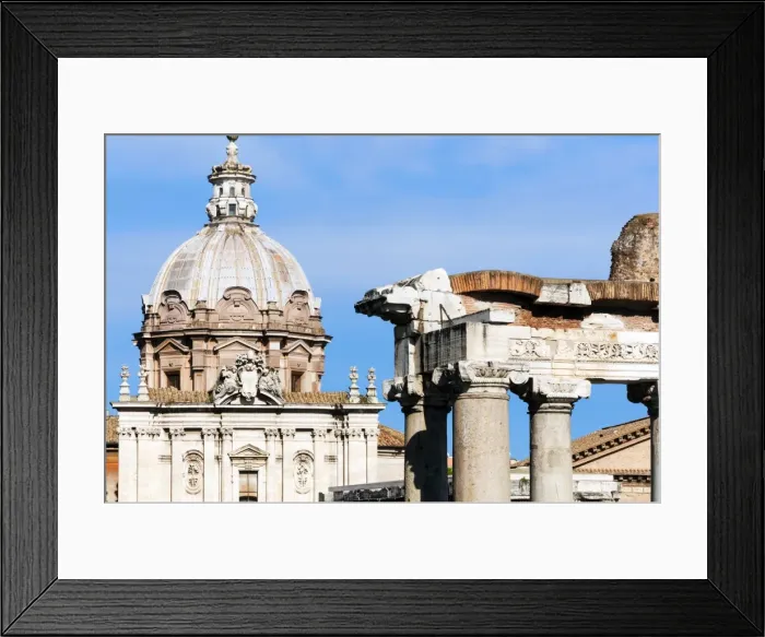 Framed Print : Roman Forum with Temple of Saturn, and the dome of Santi Luca e Martina behind, Rome Framed Print : Roman Forum with Temple of Saturn, and the dome of Santi Luca e Martina behind, Rome