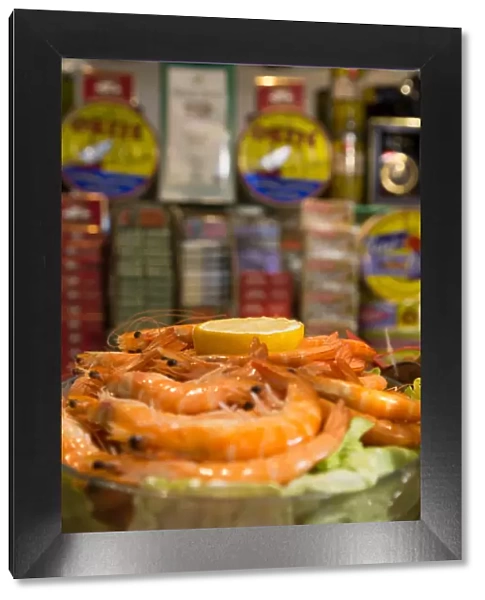 Prawns in a traditional tapas bar in Madrid, Spain, Europe