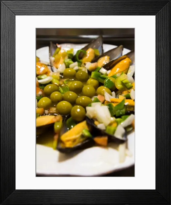 Framed Print : A plate of mussels and olives at a traditional tapas bar in Madrid, Spain, Europe Framed Print : A plate of mussels and olives at a traditional tapas bar in Madrid, Spain, Europe