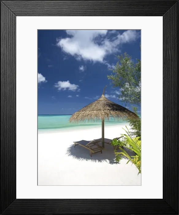 Framed Print : Lounge chairs under shade of umbrella on tropical beach, Maldives, Indian Ocean, Asia Framed Print : Lounge chairs under shade of umbrella on tropical beach, Maldives, Indian Ocean, Asia
