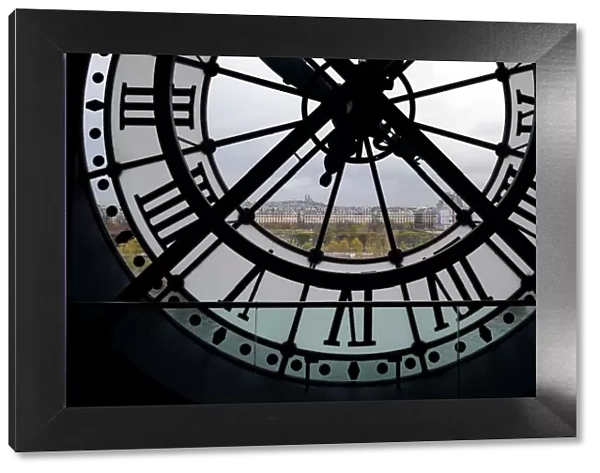 View through clock face from Musee D Orsay toward Montmartre, Paris, France, Europe