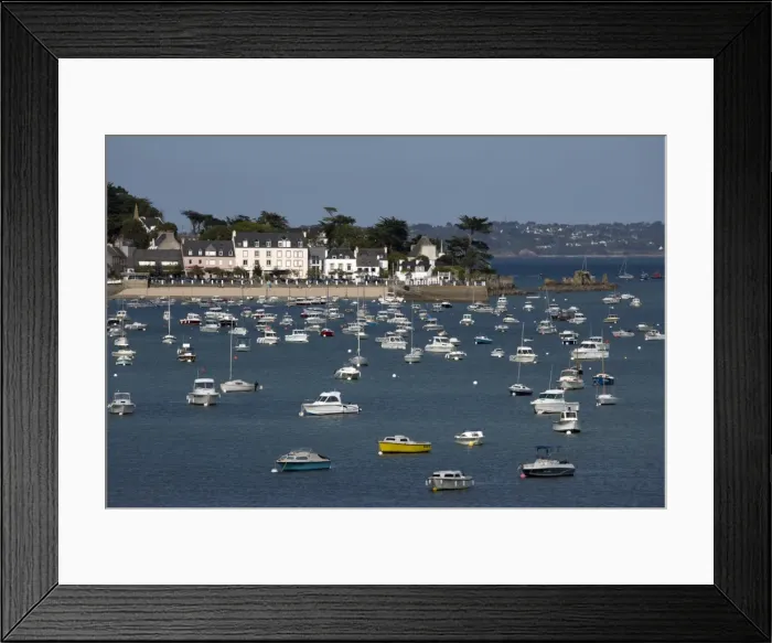 Framed Print : View over seaside village and boats in bay, Locquirec, Finistere, Brittany, France Framed Print : View over seaside village and boats in bay, Locquirec, Finistere, Brittany, France