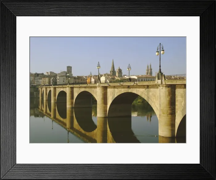 Framed Print : Puente de Piedra, reconstruction of bridge built by St Framed Print : Puente de Piedra, reconstruction of bridge built by St