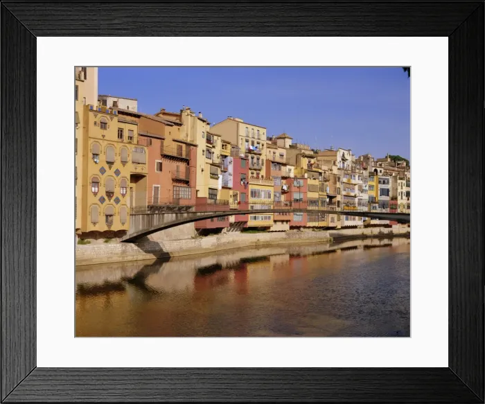 Framed Print : Medieval houses on the Onyar River with Pont de Sant Feliu Framed Print : Medieval houses on the Onyar River with Pont de Sant Feliu