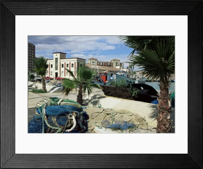 Framed Print : Fishing boats in harbour and fish market Framed Print : Fishing boats in harbour and fish market