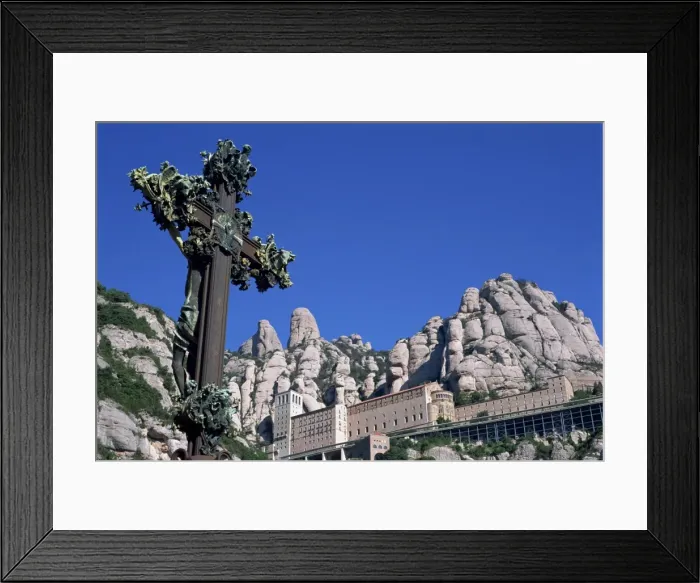 Framed Print : Monserrat Monastery and ornate cross Framed Print : Monserrat Monastery and ornate cross