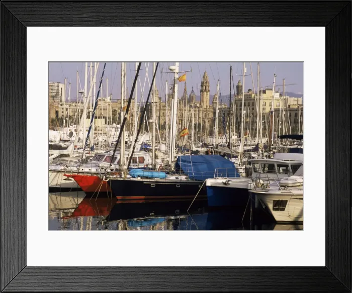 Framed Print : Port Vell (old port) and old city behind Framed Print : Port Vell (old port) and old city behind