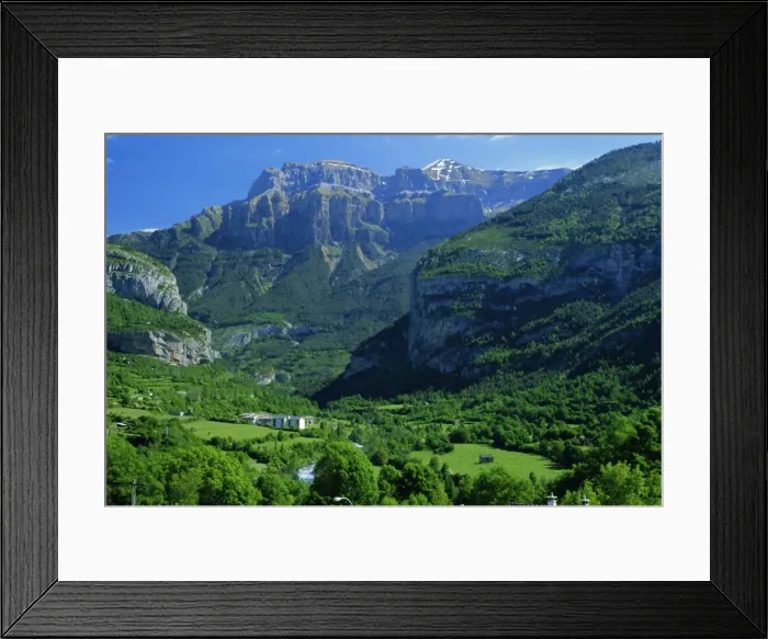 Framed Print : Torla, the verdant Ara valley and Mondarruego Framed Print : Torla, the verdant Ara valley and Mondarruego