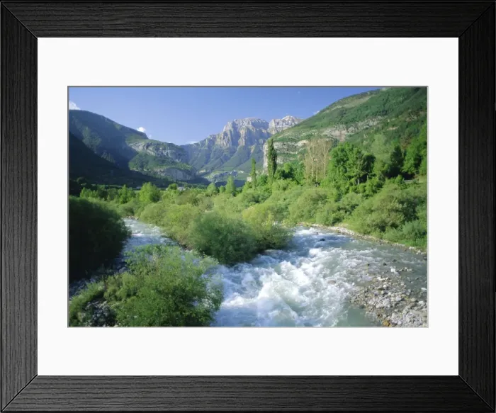 Framed Print : Torla, the River Ara and distant Mondarruego Framed Print : Torla, the River Ara and distant Mondarruego
