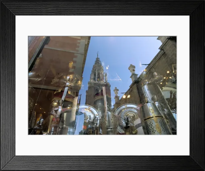 Framed Print : Cathedral reflected in window of shop selling medieval armour Framed Print : Cathedral reflected in window of shop selling medieval armour