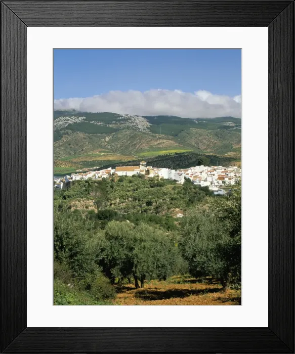 Framed Print : El Burgo village and olive groves surrounded by cloud-topped