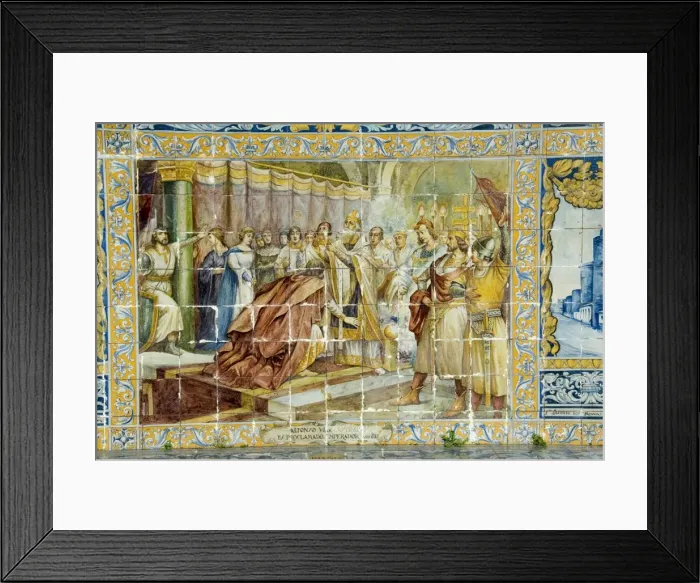 Framed Print : Tiled seating depicting various parts of historic Spain Framed Print : Tiled seating depicting various parts of historic Spain
