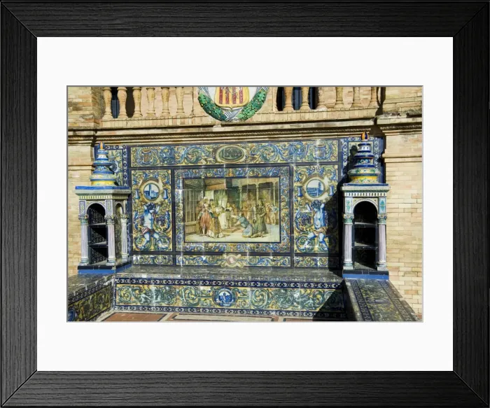 Framed Print : Tiled seating depicting various parts of historic Spain Framed Print : Tiled seating depicting various parts of historic Spain