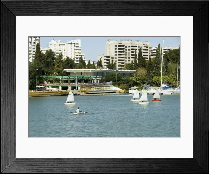Framed Print : Sailing boats and sailing club in the background on Framed Print : Sailing boats and sailing club in the background on