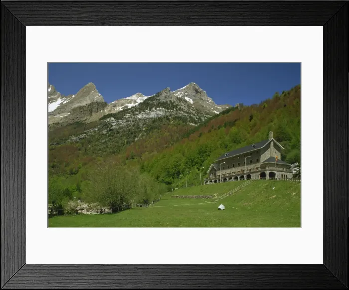 Framed Print : The Parador of Bielsa with snow capped mountains behind Framed Print : The Parador of Bielsa with snow capped mountains behind