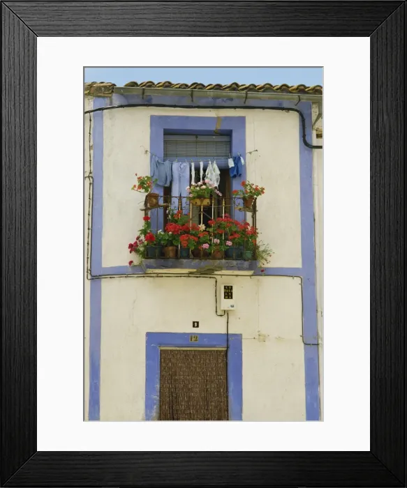 Framed Print : Exterior detail of a house painted blue and white Framed Print : Exterior detail of a house painted blue and white