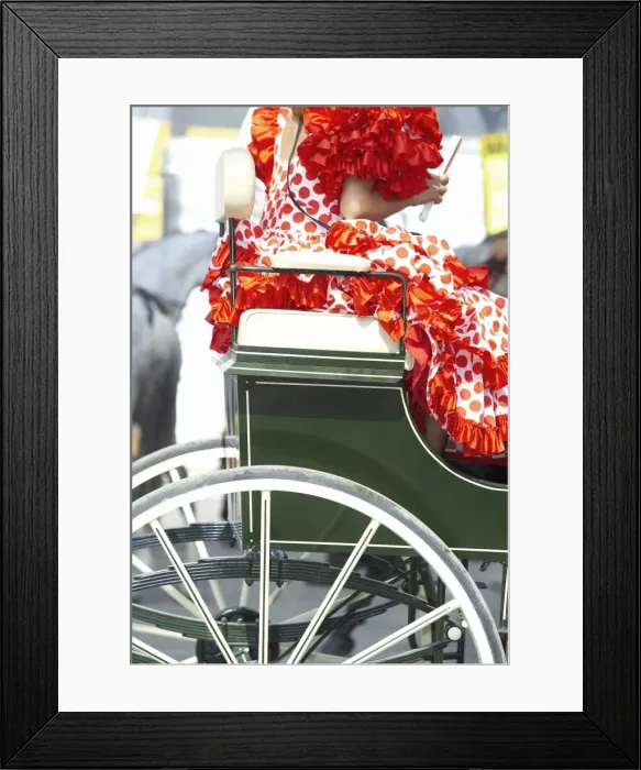 Framed Print : Traditional Spanish dress detail and horse carriage Framed Print : Traditional Spanish dress detail and horse carriage