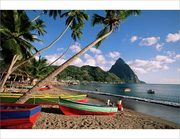 Fishing boats at Soufriere with the Pitons in the background