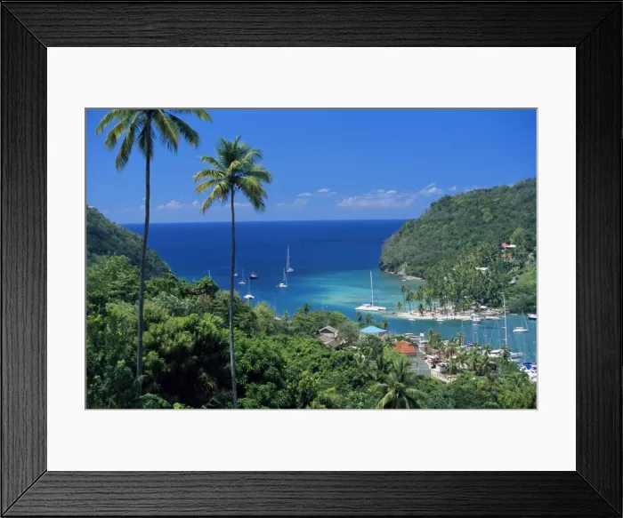 Framed Print : Elevated view over Marigot Bay, island of St Framed Print : Elevated view over Marigot Bay, island of St