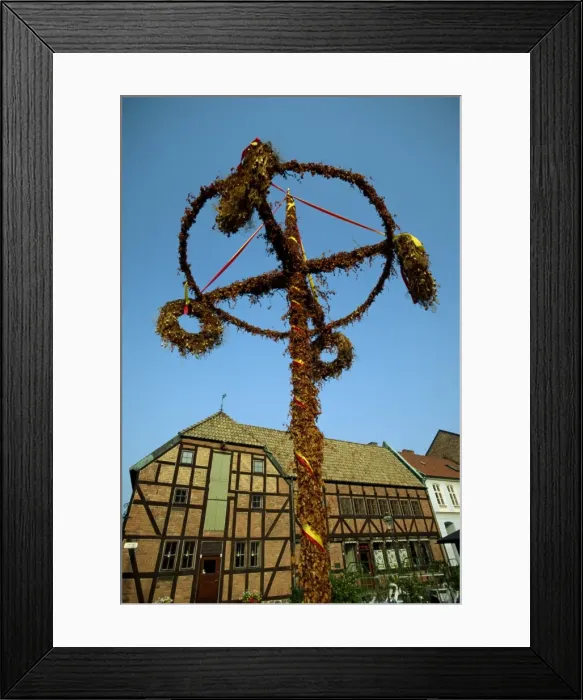 Framed Print : Maypole and half timbered houses in 16th century Lilla Framed Print : Maypole and half timbered houses in 16th century Lilla