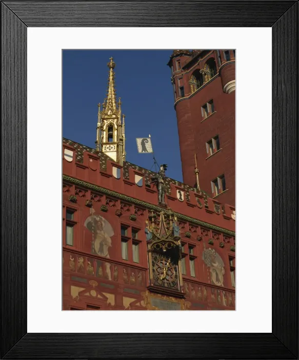 Framed Print : Clock, wall paintings and bell tower on the Town Hall in Basle Framed Print : Clock, wall paintings and bell tower on the Town Hall in Basle