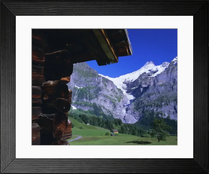 Framed Print : Bort, the Schreckhorn and Upper Grindelwald Glacier framed by hut Framed Print : Bort, the Schreckhorn and Upper Grindelwald Glacier framed by hut