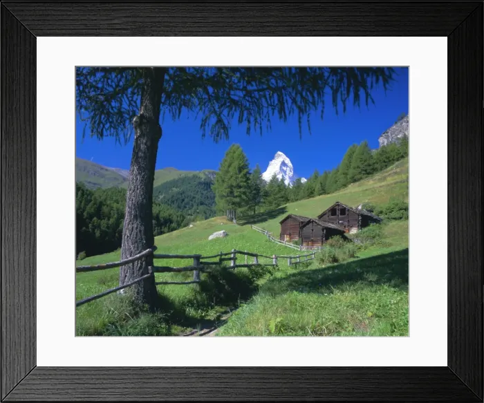 Framed Print : The Matterhorn towering above green pastures and wooden huts Framed Print : The Matterhorn towering above green pastures and wooden huts