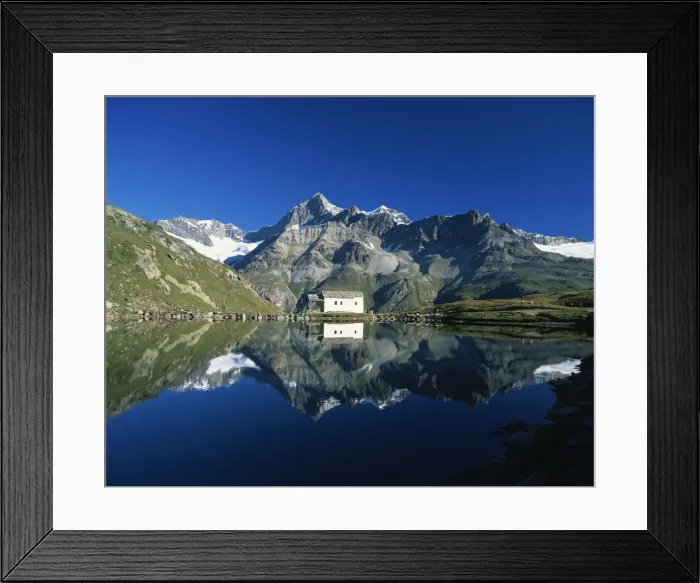 Framed Print : White chapel and Ober Gabelhorn reflected in the Schwarzsee Framed Print : White chapel and Ober Gabelhorn reflected in the Schwarzsee