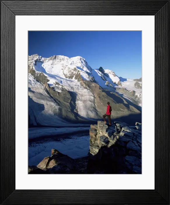 Framed Print : Hiker and view to the Breithorn and Breithorn Glacier Framed Print : Hiker and view to the Breithorn and Breithorn Glacier