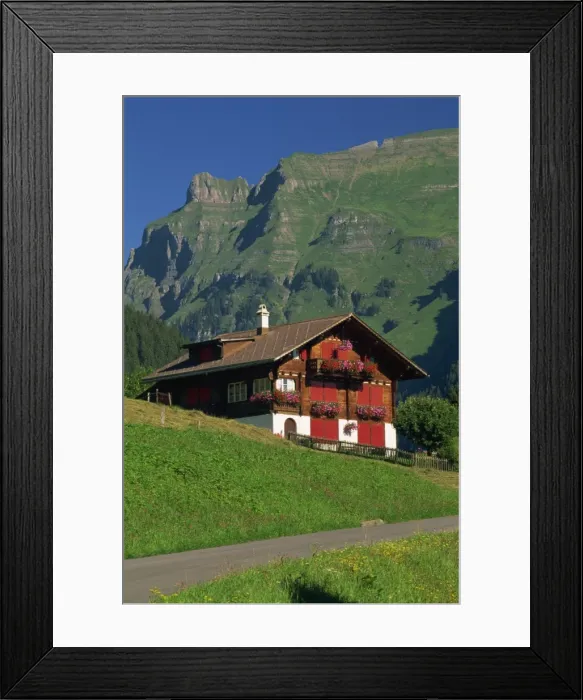 Framed Print : Typical wooden chalet with colourful shutters Framed Print : Typical wooden chalet with colourful shutters