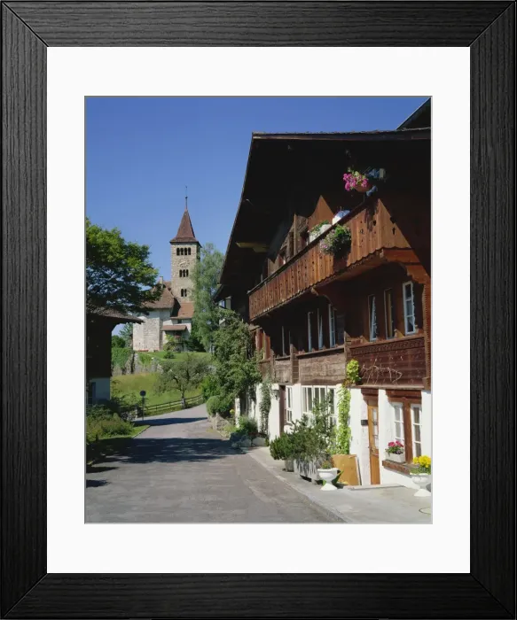 Framed Print : Houses and church at Brienz in the Jungfrau region of Switzerland Framed Print : Houses and church at Brienz in the Jungfrau region of Switzerland