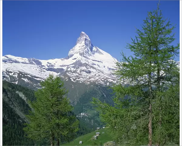 The snow covered peak of the Matterhorn in Switzerland