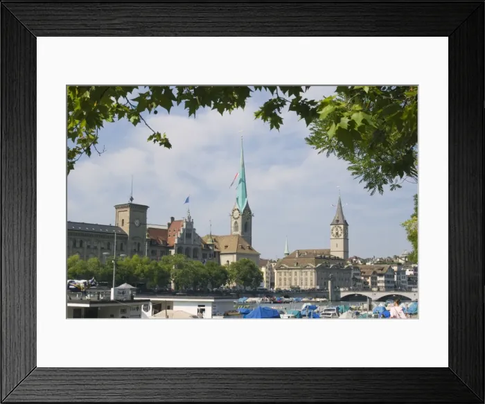 Framed Print : Boats on the Limmat River with St Framed Print : Boats on the Limmat River with St