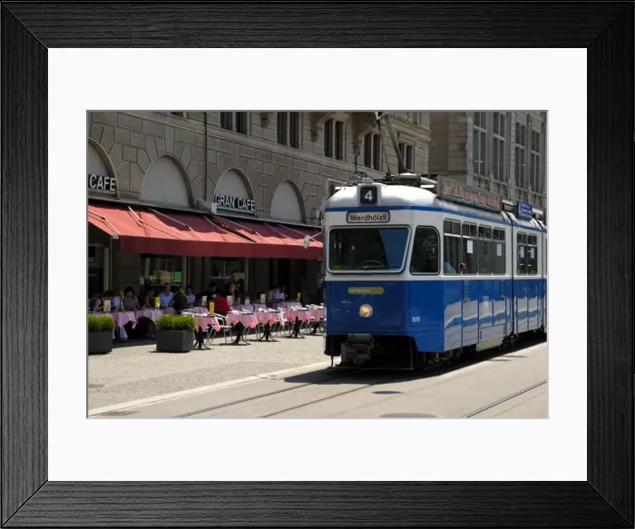 Framed Print : Tram and restaurant Framed Print : Tram and restaurant